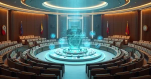 Plenário governamental cercado por anéis digitais de proteção de dados