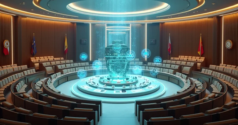 Plenário governamental cercado por anéis digitais de proteção de dados