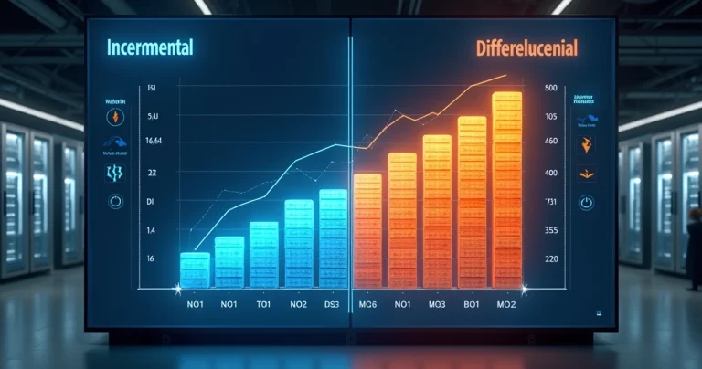 Painel dividido ilustrando comparação entre backup incremental e diferencial