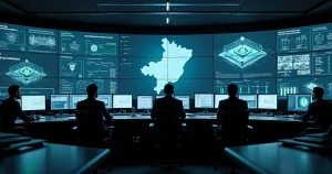 Sala de controle de governo analisando compliance de backups em painel gigante