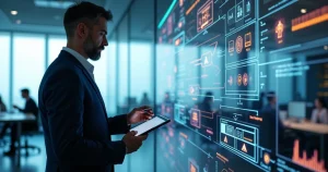 Consultor de TI avaliando soluções de backup em grande mural digital