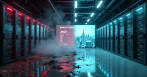 Data center alagado de um lado e totalmente restaurado do outro lado