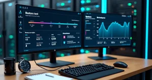 Painel de TI mostrando teste de velocidade de restauração de backup em andamento
