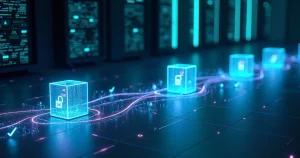 Fluxo digital replicando arquivos entre pods em data center futurista